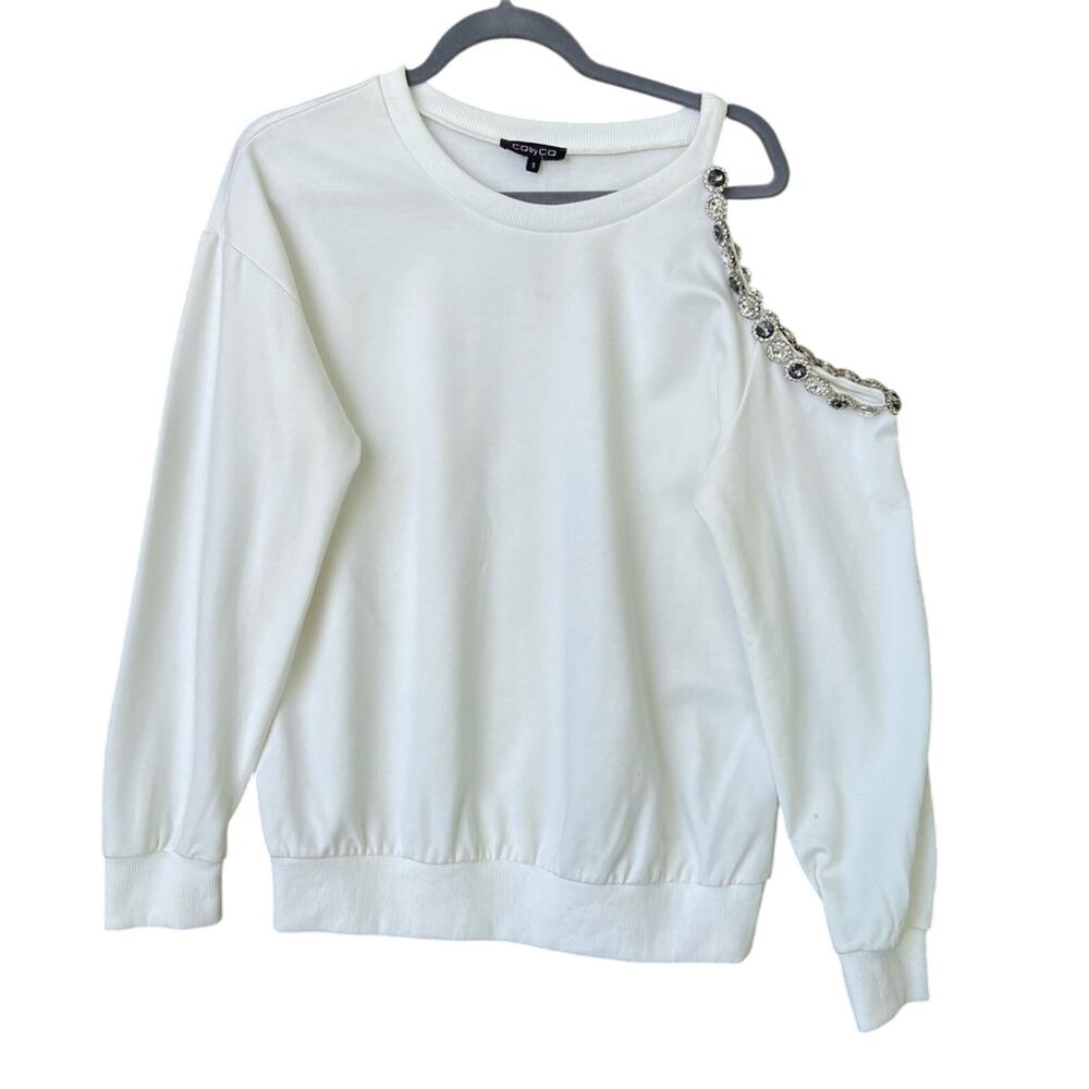 NWT New CQ By CQ Womens Small Bejeweled Cold Shoulder Long Sleeve Sweatshirt